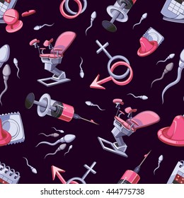 Vector seamless pattern with medical illustrations of Pregnancy, Maternity, Abortion. Picture isolate on dark background