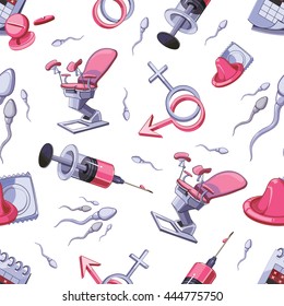 Vector seamless pattern with medical illustrations of Pregnancy, Maternity, Abortion. Picture isolate on white background