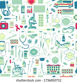 Vector seamless pattern with Medical supplies, accessories and attributes. Microscope, hospital, wheelchair, mask and more. Stylized drawing for web design, logo, app, UI. Isolated stock illustration