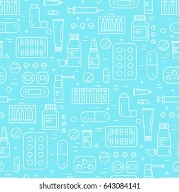 Vector seamless pattern with medicament icons in trendy linear style. Online drugstore background