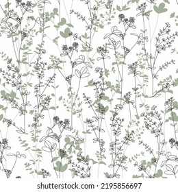 Vector seamless pattern with medicinal and edible herbs. Modern background. Vector art illustration. Botanical texture pattern.