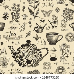 Vector seamless pattern with medicinal herbs. Abstract background on the theme of tea with black pencil drawings in retro style. Chinese character tea. Suitable for Wallpaper, wrapping paper, fabric.