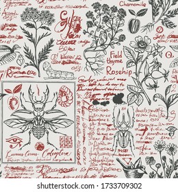 Vector seamless pattern with medicinal herbs and insects in retro style. Hand-drawn herbs, beetles, butterflies and unreadable scribbles on an old paper background. Wallpaper, wrapping paper, fabric