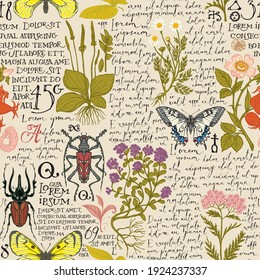 Vector seamless pattern with medicinal herbs, insects and handwritten text Lorem Ipsum. Hand-drawn plants, beetles, butterflies on a light background. Suitable for wallpaper, wrapping paper, fabric