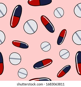 Vector seamless pattern of medicines, medicines, tablets in doodle style. Background on a separate layer.