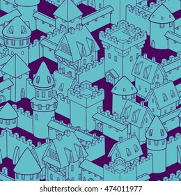 Vector seamless pattern with medieval architecture. Cute cartoon city. Illustration with towers, walls, streets, houses.