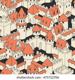 Vector seamless pattern with medieval architecture. Cute cartoon city. Illustration with towers, walls, streets, houses. 