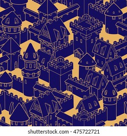 Vector seamless pattern with medieval architecture. Cute cartoon city. Illustration with towers, walls, streets, houses. 