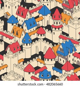 Vector seamless pattern with medieval architecture. Cute cartoon city. Illustration with towers, walls, streets, houses. Castle.
