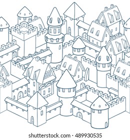 Vector seamless pattern with medieval architecture. Cute cartoon city. Illustration with towers, walls, streets, houses. Gothic architecture. Seamless border design.