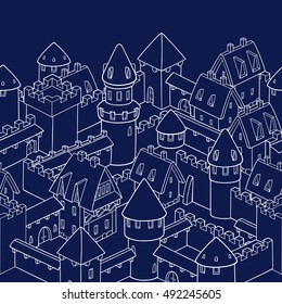 Vector seamless pattern with medieval architecture. Cute cartoon city. Illustration with towers, walls, streets, houses. Gothic architecture. Seamless border design.