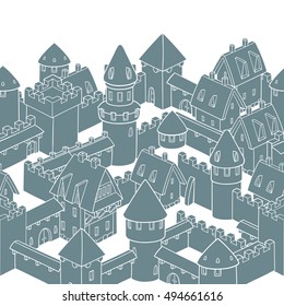 Vector seamless pattern with medieval architecture. Cute cartoon city. Illustration with towers, walls, streets, houses. Gothic architecture. Seamless border design.