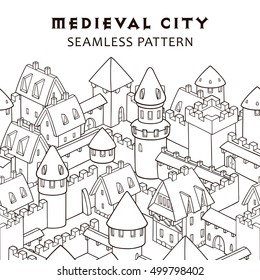 Vector seamless pattern with medieval architecture. Cute cartoon city. Illustration with towers, walls, streets, houses. Gothic architecture. Seamless border design.