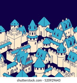 Vector seamless pattern with medieval architecture. Cute cartoon city. Illustration with towers, walls, streets, houses. Gothic architecture. Seamless border design.