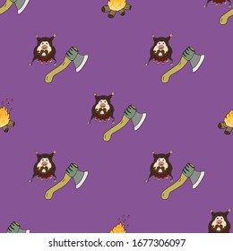 Vector seamless pattern of medieval executioner, ax and bonfire. Historical costume and character. Great design for background, wrapping paper, wallpaper, background and greeting card.