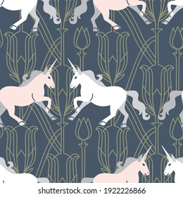 Vector seamless pattern in medieval style with unicorns