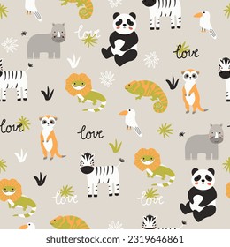 Vector seamless pattern with meerkat, panda, lizard, zebra, monkey, rhinoceros, chameleon.Tropical jungle cartoon creatures.Cute natural pattern for fabric, childrens clothing,textiles,wrapping paper.