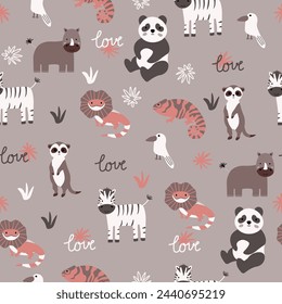 Vector seamless pattern with meerkat, panda, lizard, zebra, monkey, rhinoceros, chameleon.Tropical jungle cartoon creatures.Cute natural pattern for fabric, childrens clothing,textiles,wrapping paper.