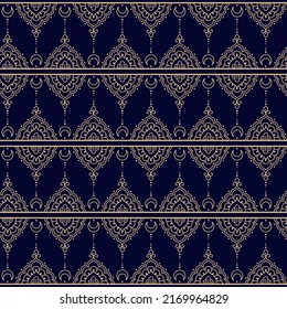 Vector seamless pattern mehndi, ethnic, indian, oriental, arabic style. Blue and gold geometric background. 