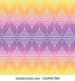 Vector seamless pattern mehndi, ethnic, indian, oriental, arabic style. white and yellow, violet, purple, rainbow geometric background.