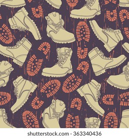 Vector seamless pattern with men boots and footsteps