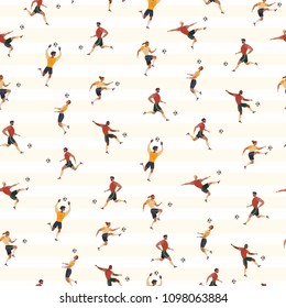 Vector seamless pattern with men playing sports in athletic poses. Soccer players. Flat illustration.