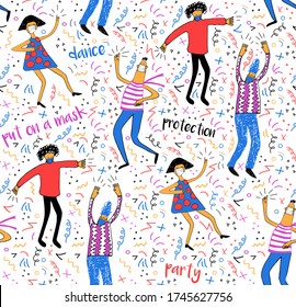 Vector seamless pattern with men and women in face masks dancing and celebrating with curves and words around.