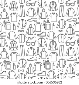 Vector seamless pattern of men's clothes and accessories. Dark print on white background. Print fabric, wrapping paper pattern. Menswear icons