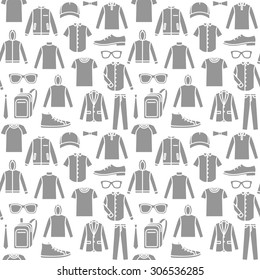 Vector seamless pattern of men's clothes and accessories. Gray print on white background. Print fabric, wrapping paper pattern. Menswear icons