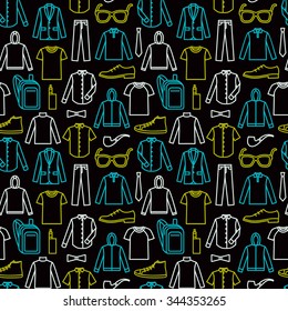 Vector seamless pattern of men's clothes and accessories, isolated  on black background. Print fabric, wrapping paper pattern. menswear icons