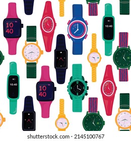 Vector seamless pattern of men's and women's watches and dials. Watches collection on white background. Bright hours. Vector illustration