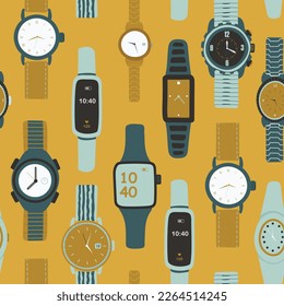 Vector seamless pattern of men's and women's watches and dials. Watches collection on white background. Bright hours. Vector illustration