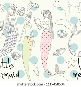 Vector seamless pattern with a mermaid and a dolphin