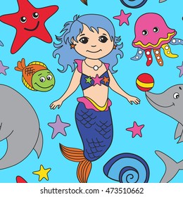 Vector seamless pattern with mermaid, dolphin, jellyfish, fish, starfish.