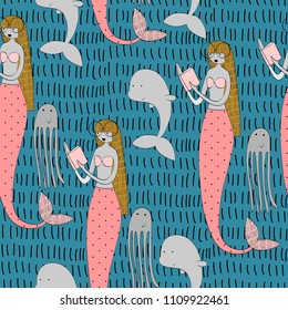 Vector seamless pattern with a mermaid and an octopus, dolphin