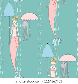 Vector seamless pattern with a mermaid and an octopus