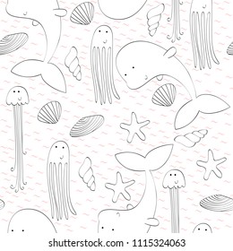 Vector seamless pattern with a mermaid and an octopus, dolphin