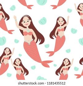 Vector Seamless pattern Mermaid with shellfish Cartoon Character design.