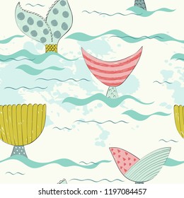 Vector seamless pattern with a mermaid tails.