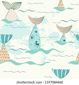 Vector seamless pattern with a mermaid tails.