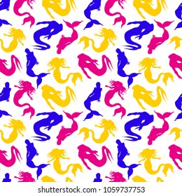 Vector seamless pattern. Mermaids. Blue, yellow and red colors on white backdrop.