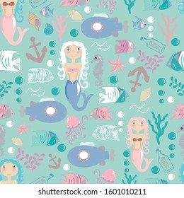 Vector seamless pattern with mermaids, fishes, starfishes and algae.