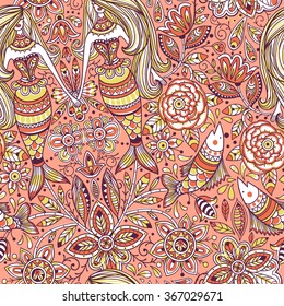 vector seamless pattern with mermaids, fishes and folk floral ornaments
