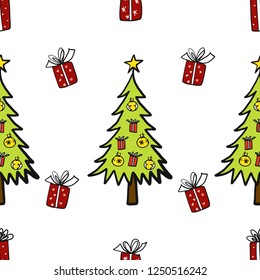 Vector, seamless pattern for Merry Christmas and Happy New Year concept. Christmas tree and red gift boxes on white background