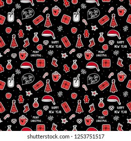 Vector seamless pattern. Merry Christmas symbols holidays design. Stikers on dark background. Trend red and black colos
