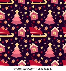 Vector seamless pattern merry christmas, happy new year, tree, sleigh, house.
