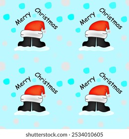 Vector seamless pattern with Merry Christmas greetings. Santa Claus red hat is worn on felt boots against the background of a snowy winter. Merry Christmas template for printing on any products 2025. 