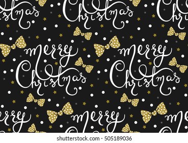 Vector seamless pattern with Merry Christmas lettering and bows.Holidays xmas repeat background.Stylish hand drawn typography design about Happy New Year 2017. Ideal for wrapping paper, greeting card.