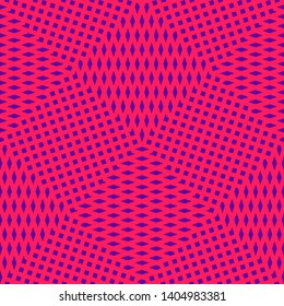 Vector seamless pattern with mesh, diagonal cross lines, rhombuses, squares. Retro 80-90's fashion style background. Trendy colorful texture. Abstract geometric design. Plastic pink and purple color