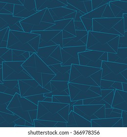 Vector seamless pattern of messy envelopes. Deep blue paper with light blue stroke